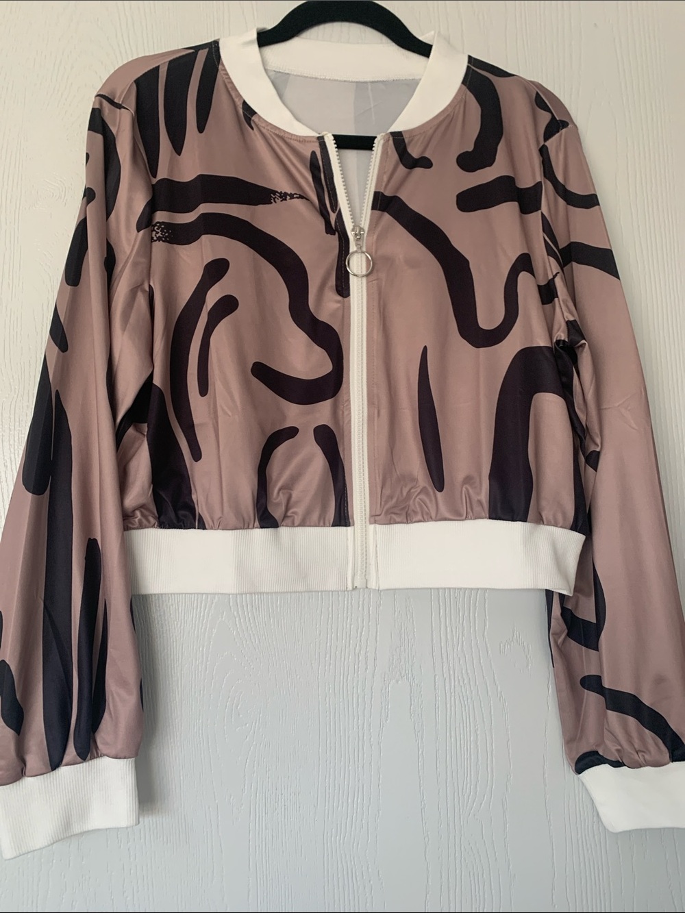 Abstract Print Cropped Bomber Jacket - Pink/Black